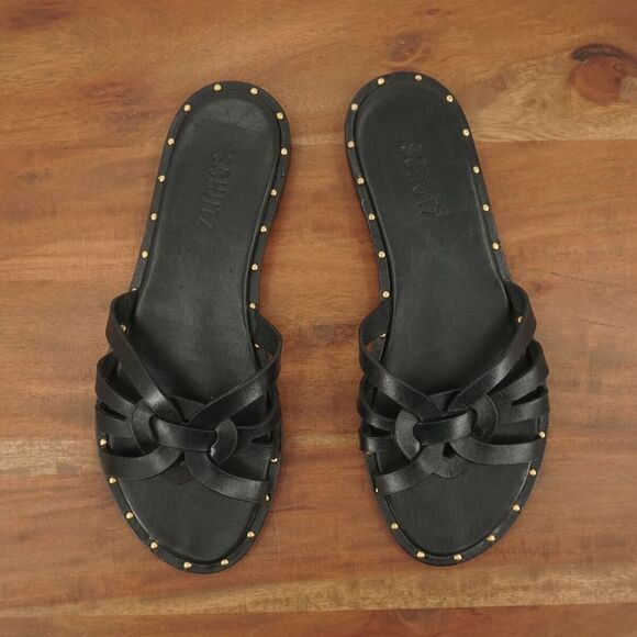 Schutz Womens Phoenix Flats Slide On Sandals Black Leather Gold Studs Size 7.5B - Picture 8 of 11